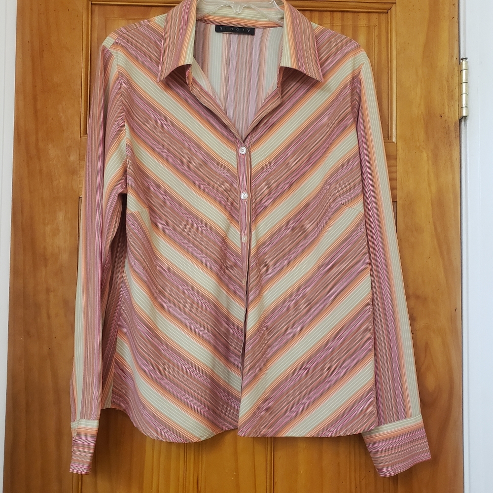 Ninety Women's Stripe Print  Button Down Long Sleeve Top, Size L
